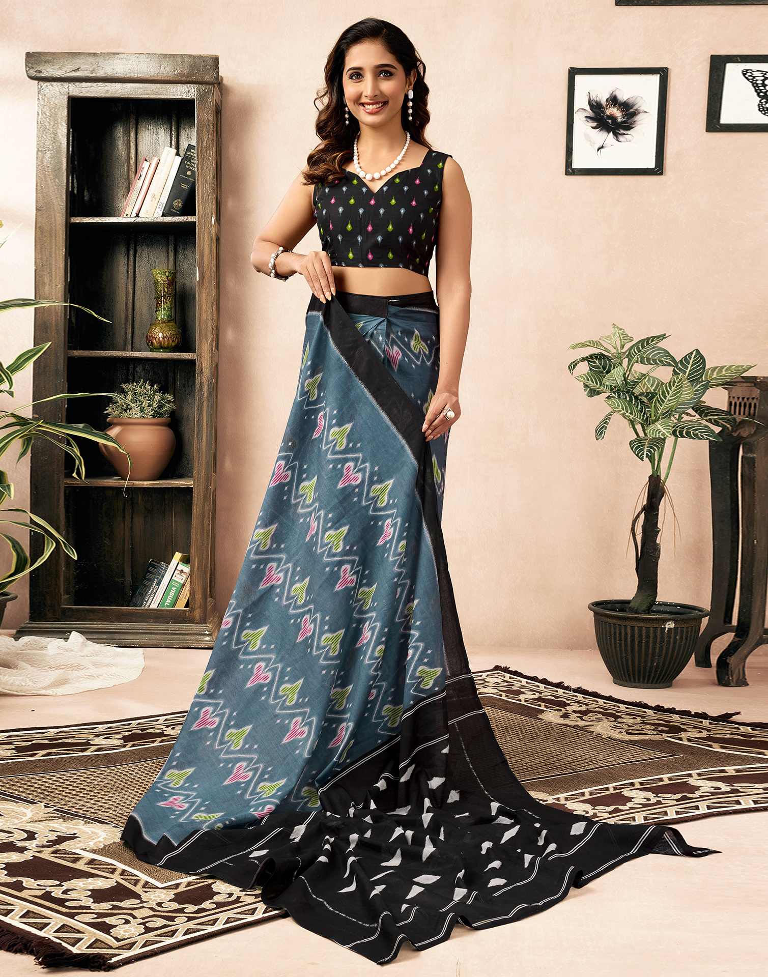 Ready To Wear Grey Cotton Ikkat Printed Saree