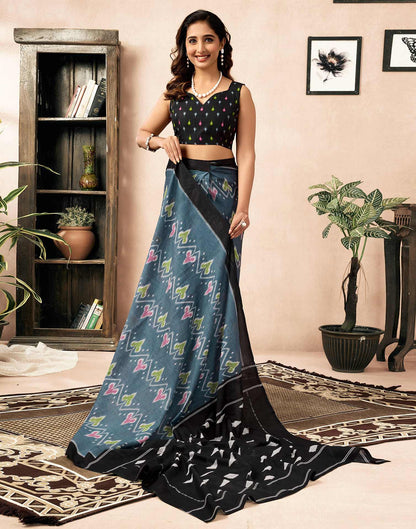 Ready To Wear Grey Cotton Ikkat Printed Saree