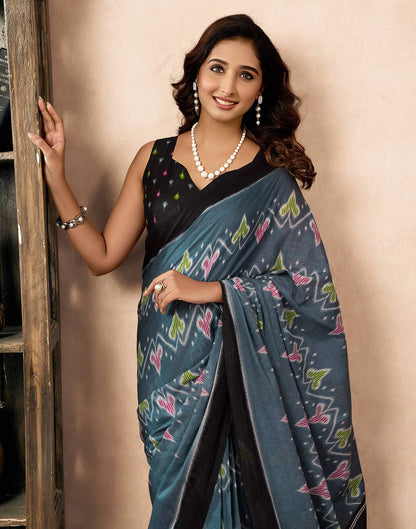 Ready To Wear Grey Cotton Ikkat Printed Saree