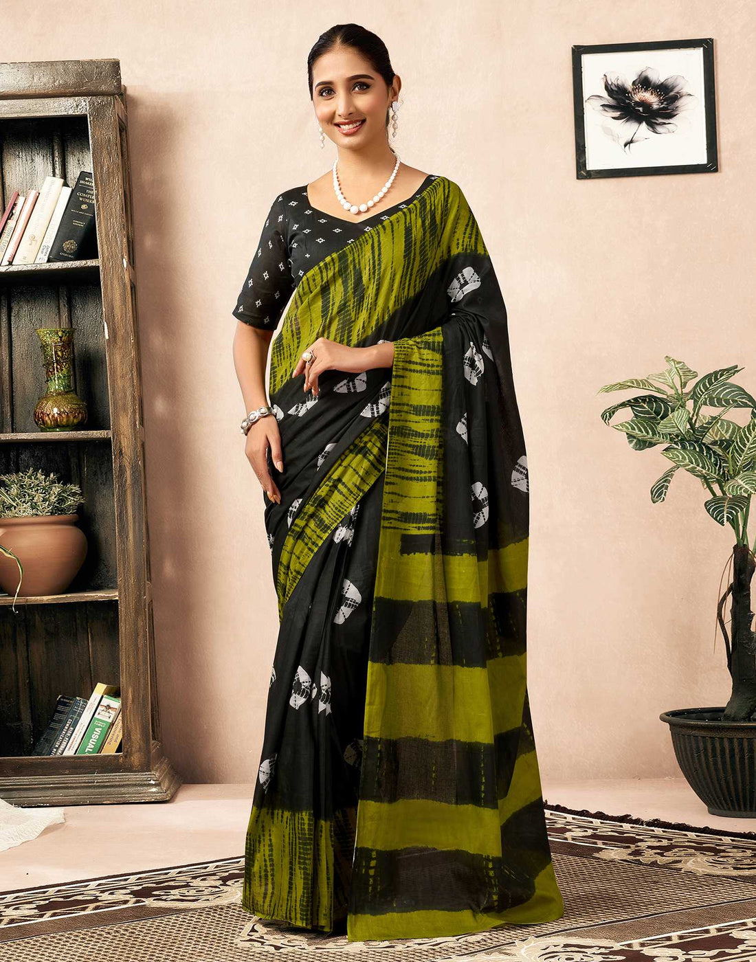 Ready To Wear Bottle Green Cotton Printed Saree