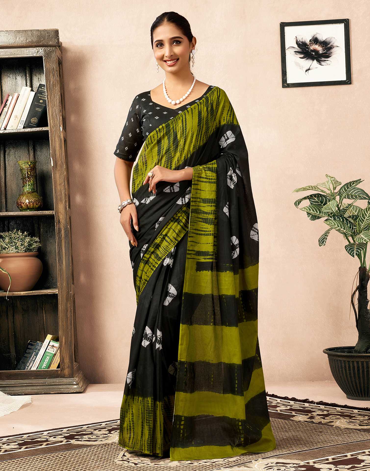 Ready To Wear Bottle Green Cotton Printed Saree