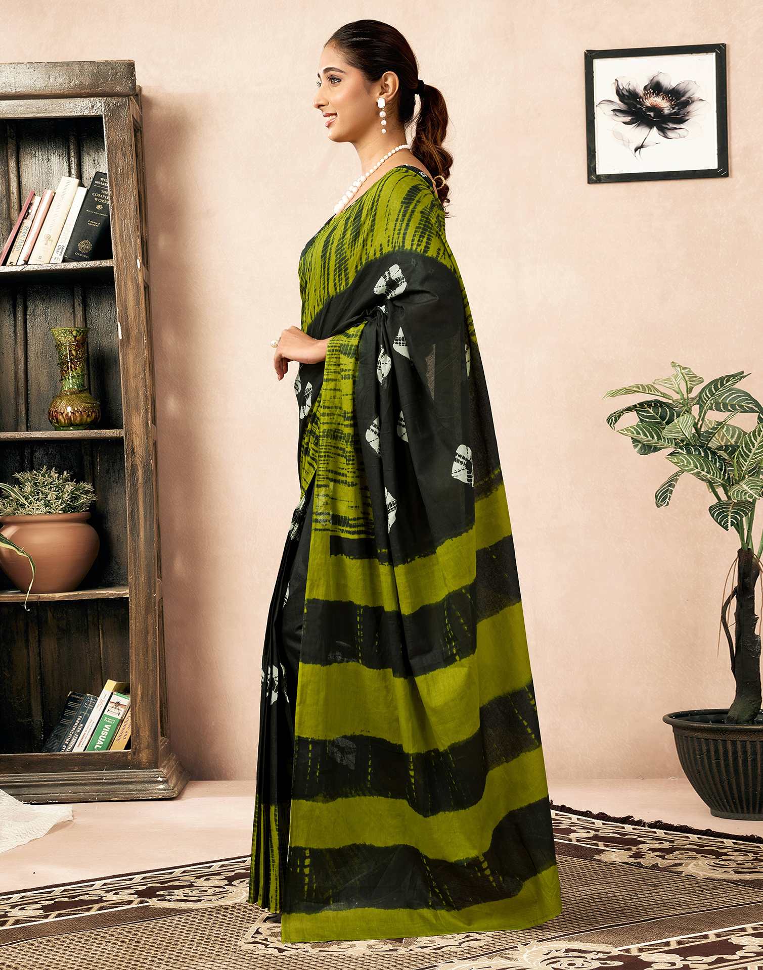Ready To Wear Bottle Green Cotton Printed Saree