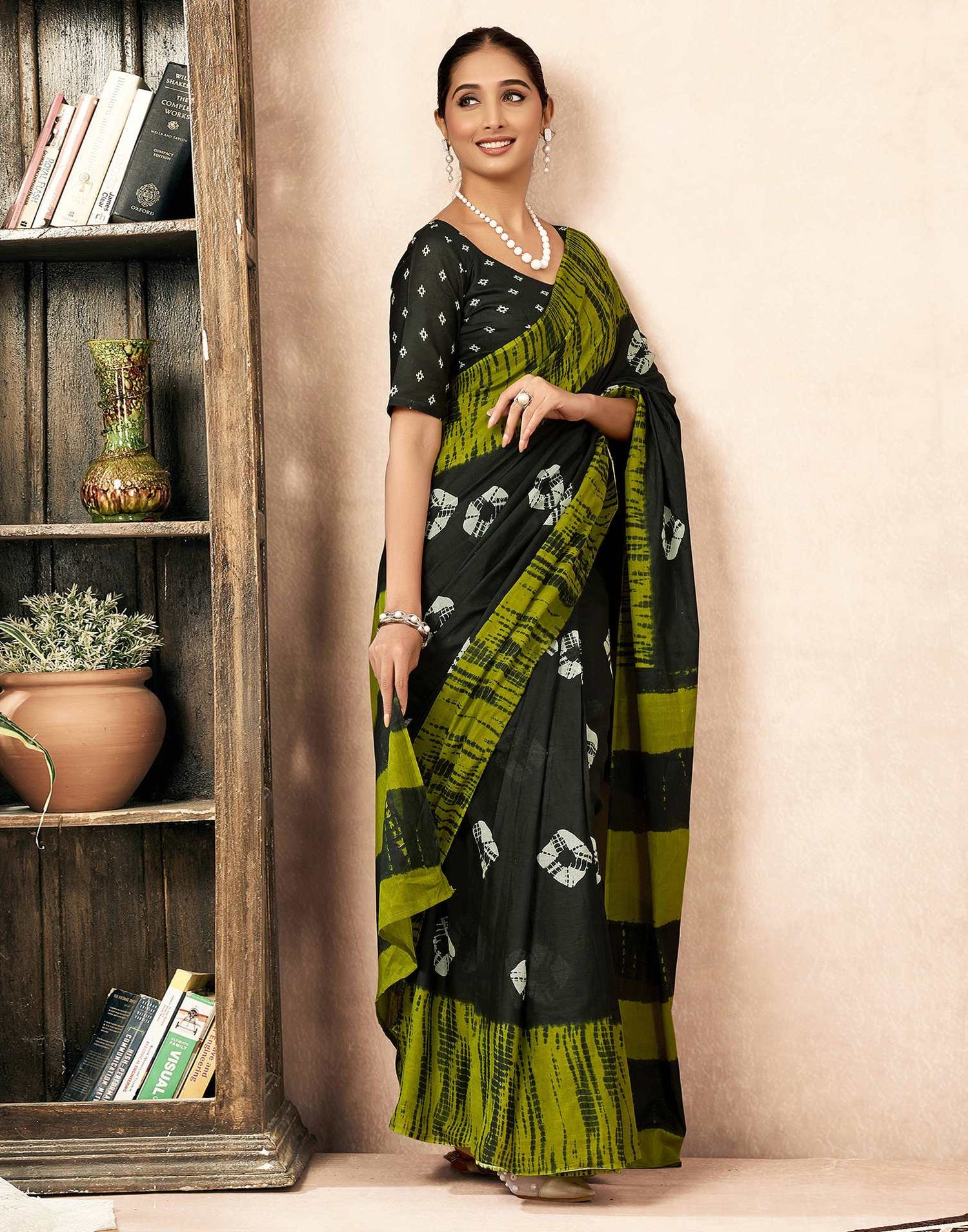 Ready To Wear Bottle Green Cotton Printed Saree