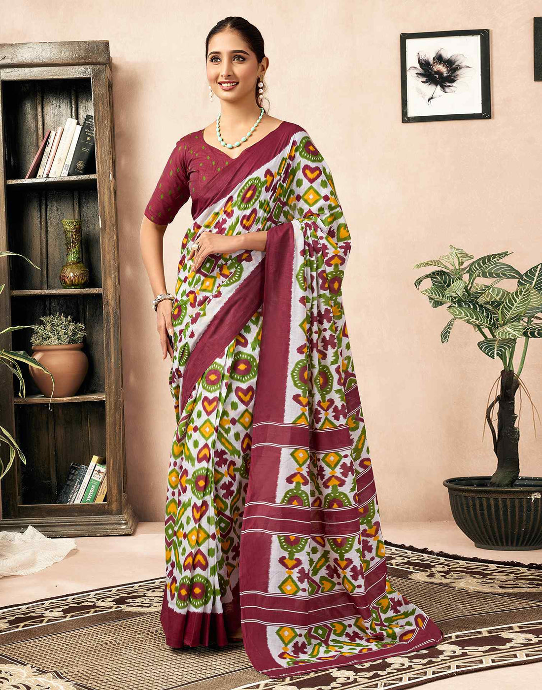 Ready To Wear Off White Cotton Ikkat Printed Saree