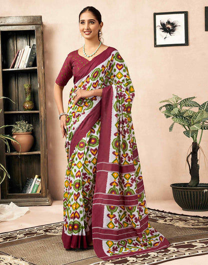Ready To Wear Off White Cotton Ikkat Printed Saree