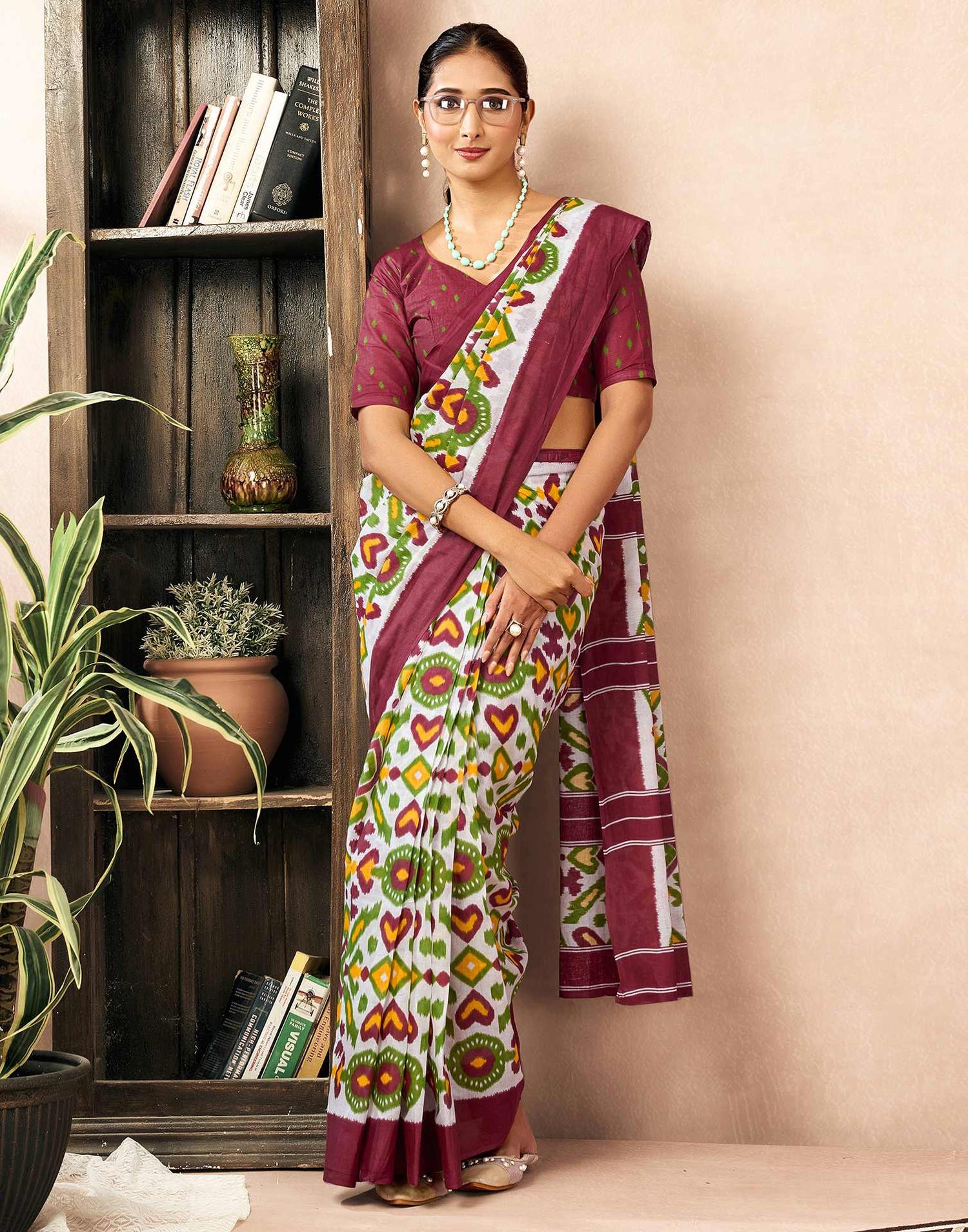 Ready To Wear Off White Cotton Ikkat Printed Saree