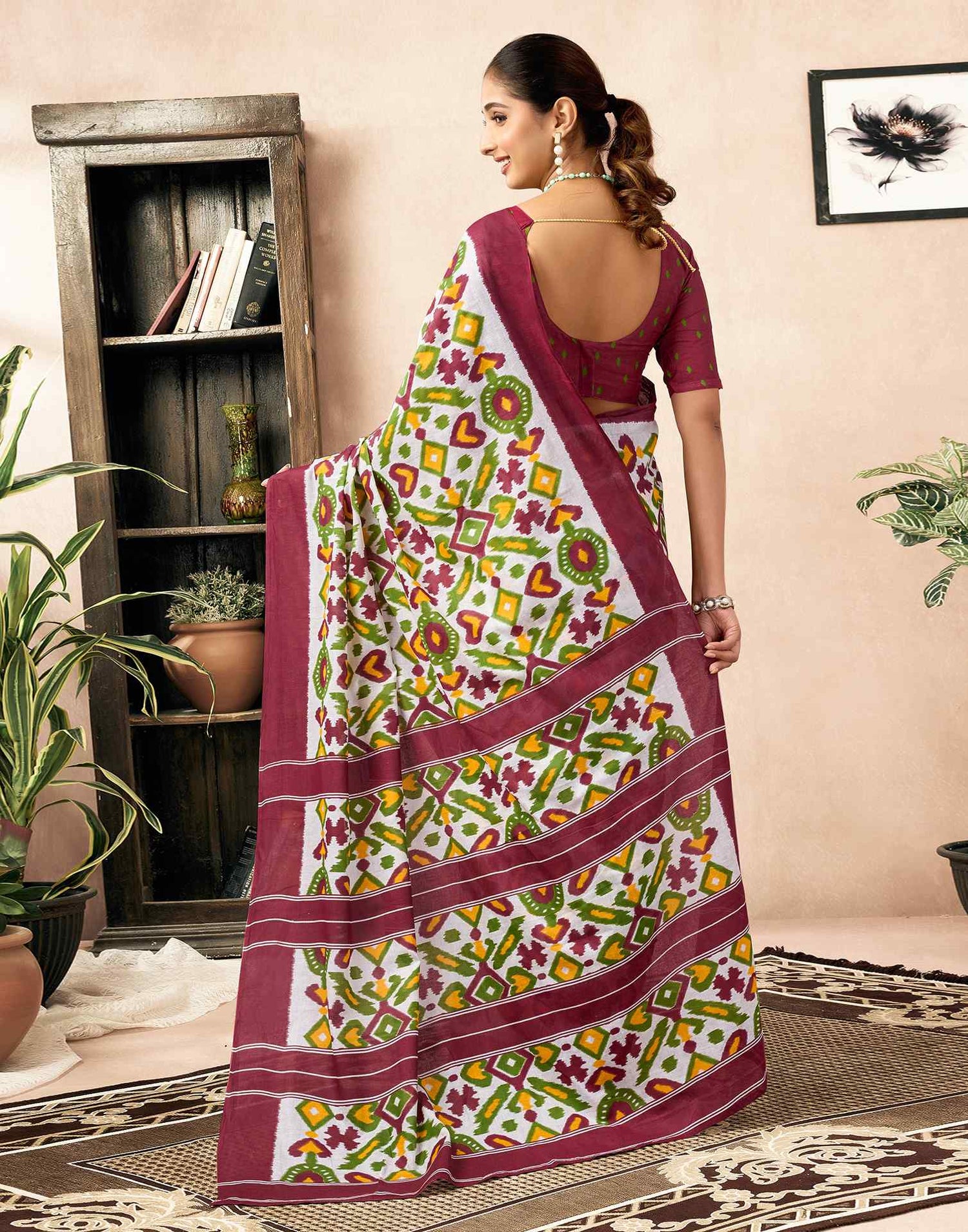 Ready To Wear Off White Cotton Ikkat Printed Saree
