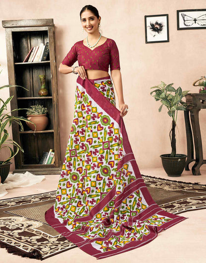 Ready To Wear Off White Cotton Ikkat Printed Saree