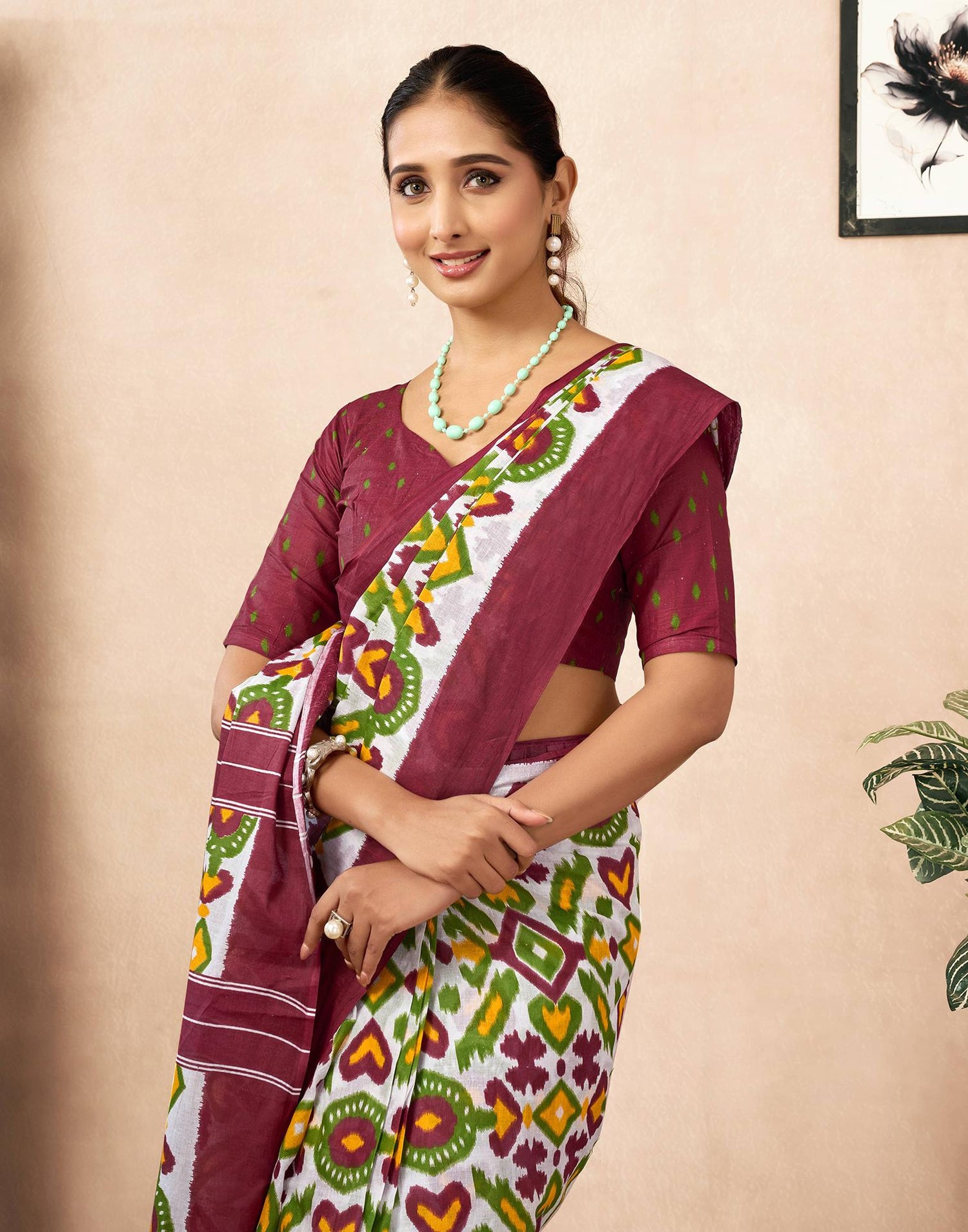 Ready To Wear Off White Cotton Ikkat Printed Saree