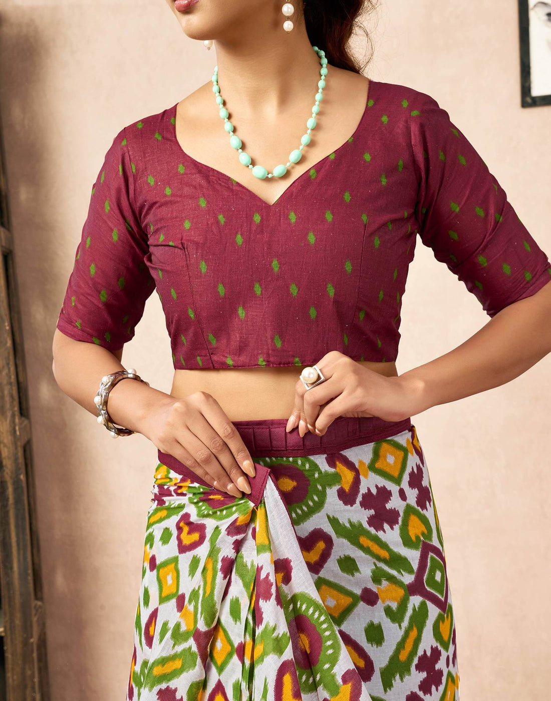 Ready To Wear Off White Cotton Ikkat Printed Saree