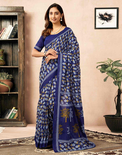 Ready To Wear Navy Blue Cotton Printed Saree