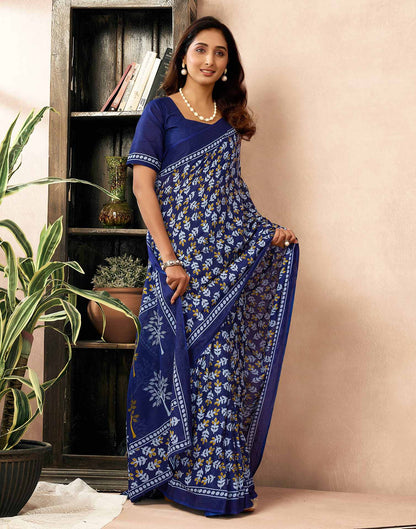Ready To Wear Navy Blue Cotton Printed Saree