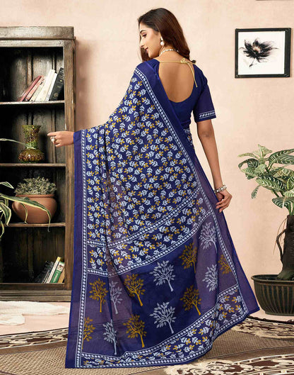 Ready To Wear Navy Blue Cotton Printed Saree
