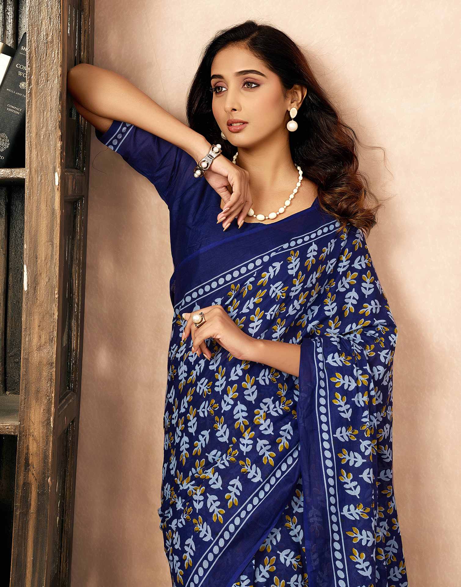Ready To Wear Navy Blue Cotton Printed Saree
