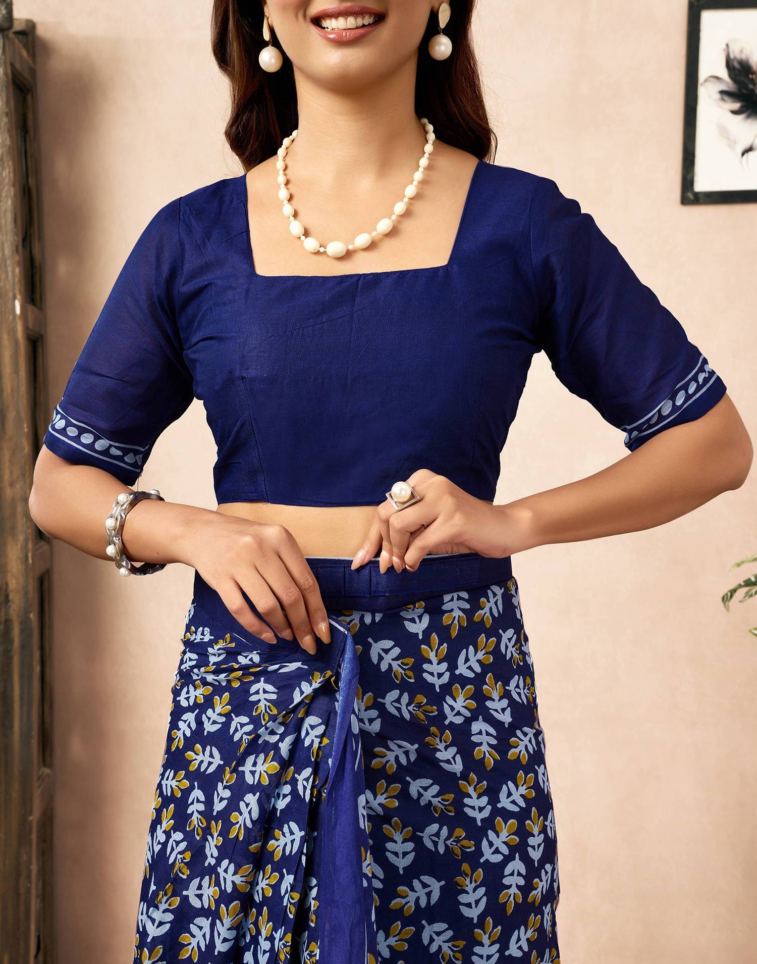 Ready To Wear Navy Blue Cotton Printed Saree