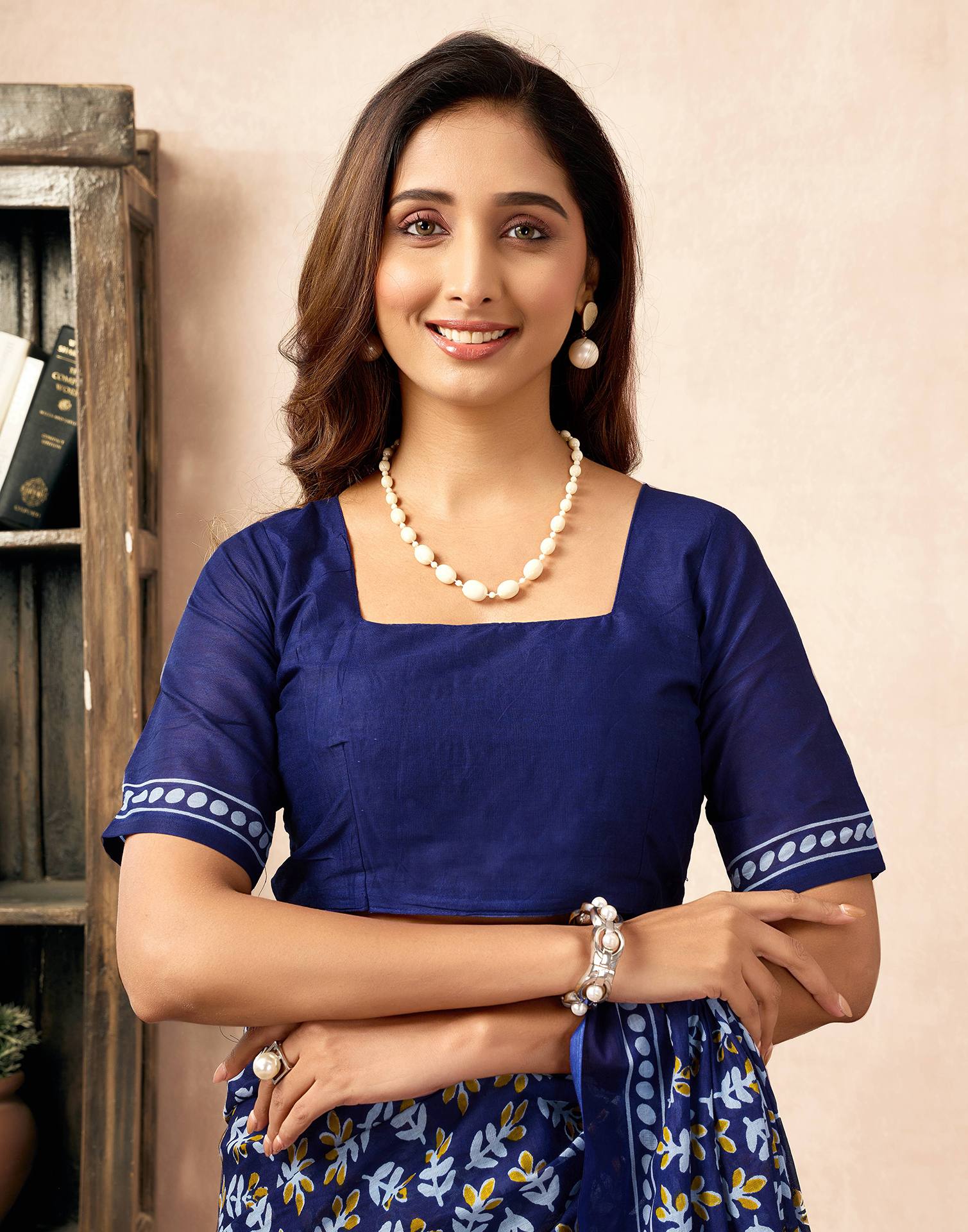 Ready To Wear Navy Blue Cotton Printed Saree