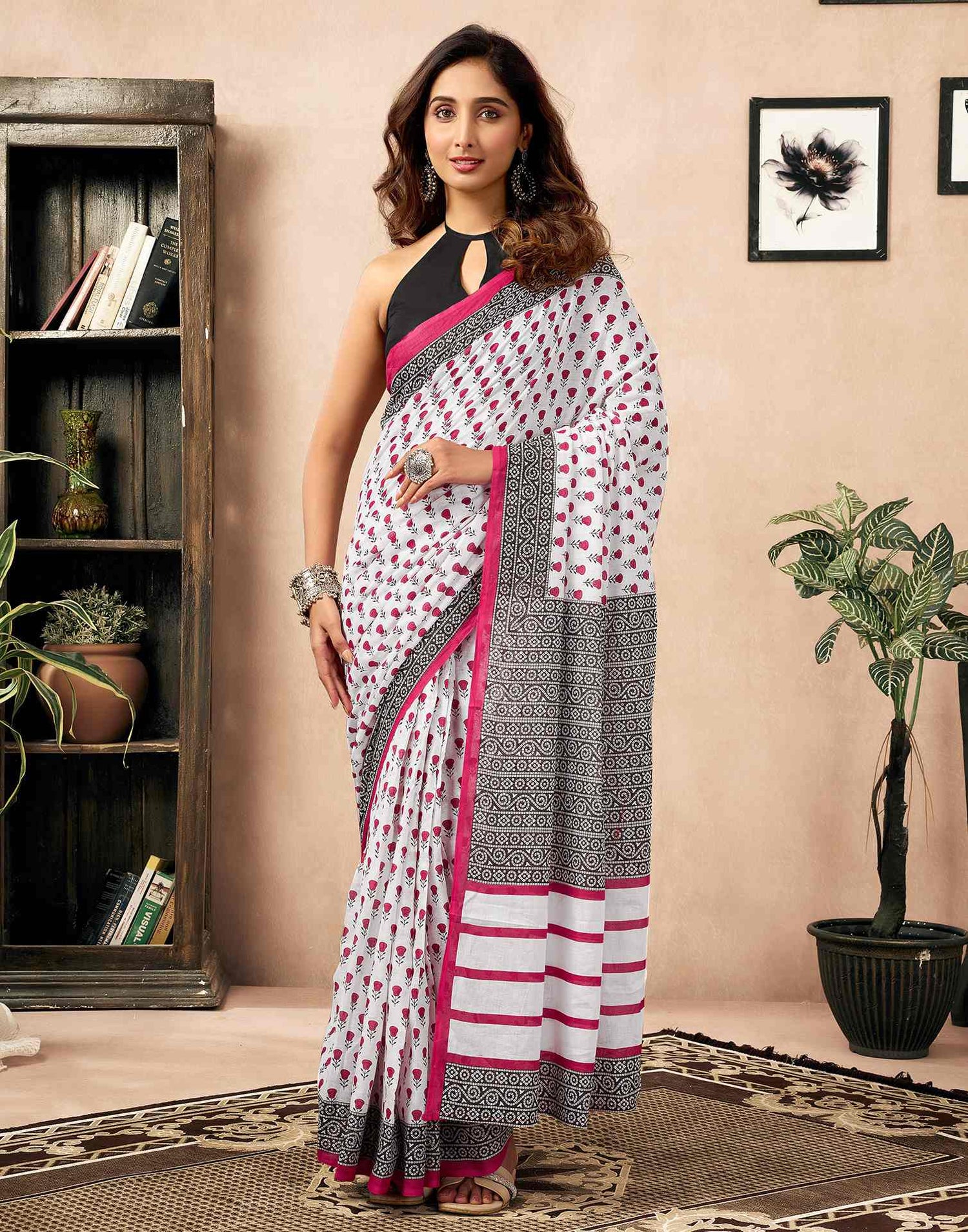 Ready To Wear White Cotton Printed Saree
