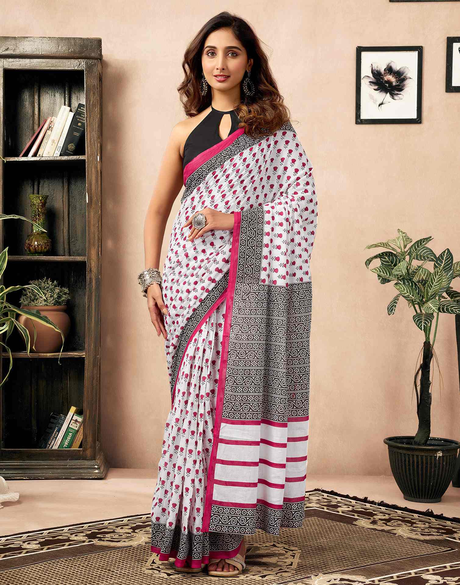 Ready To Wear White Cotton Printed Saree