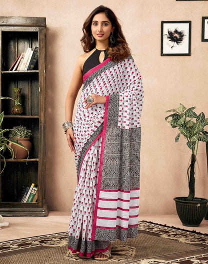 Ready To Wear White Cotton Printed Saree