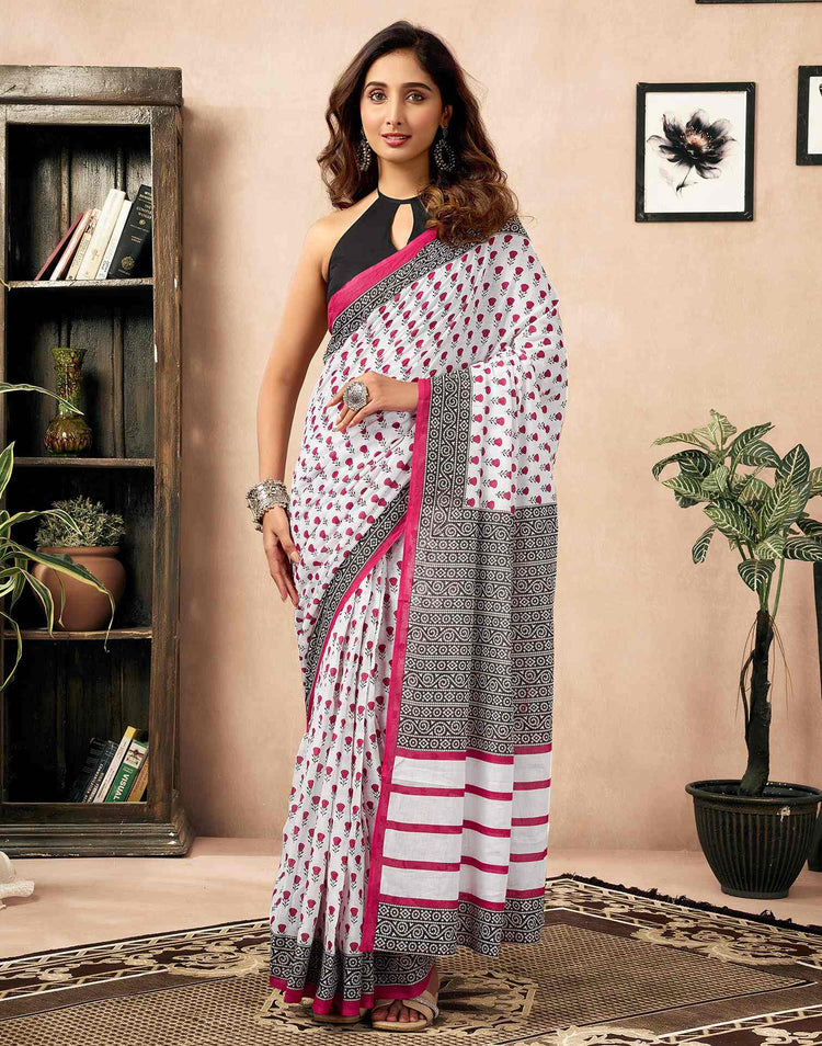 Ready To Wear White Cotton Printed Saree