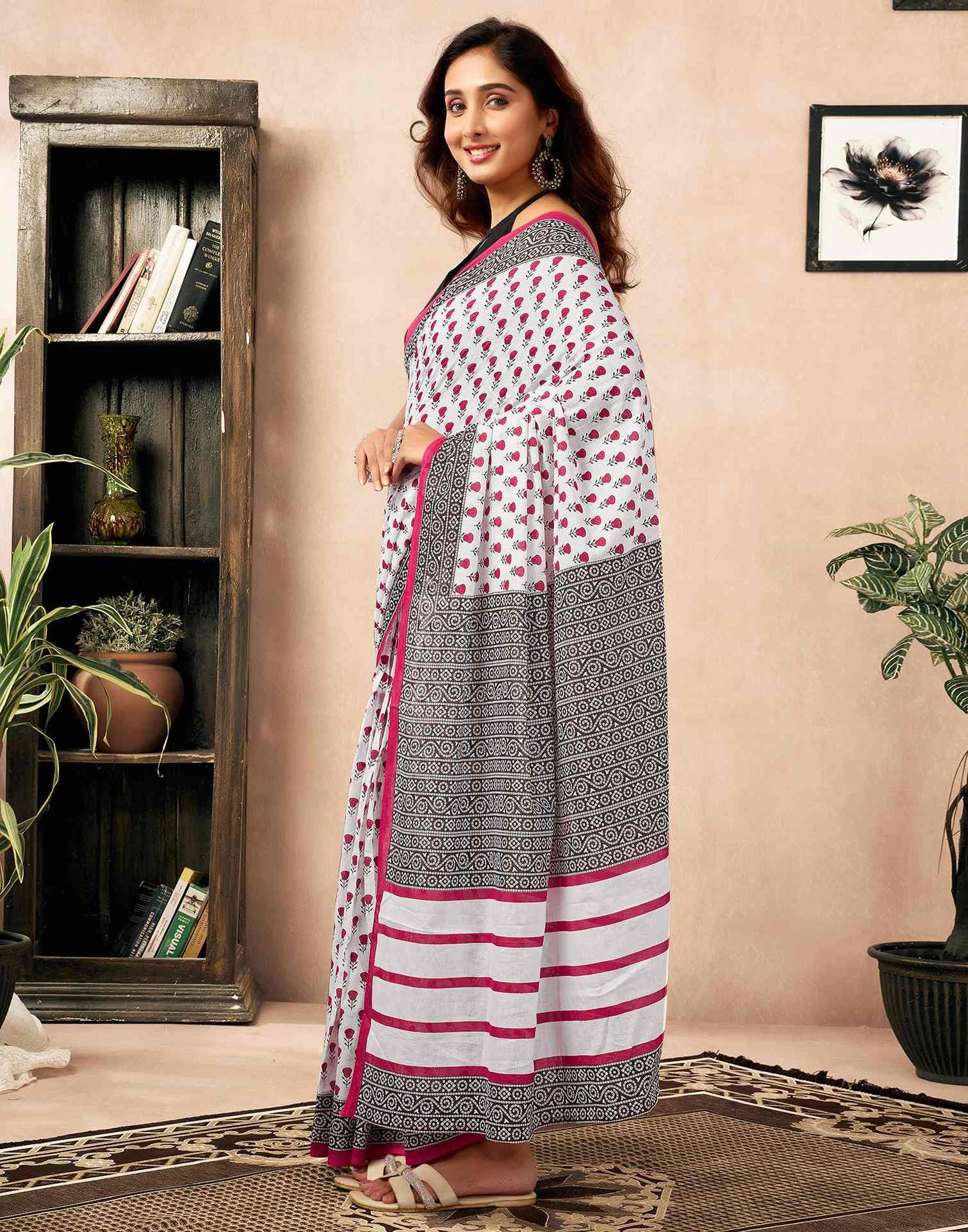 Ready To Wear White Cotton Printed Saree