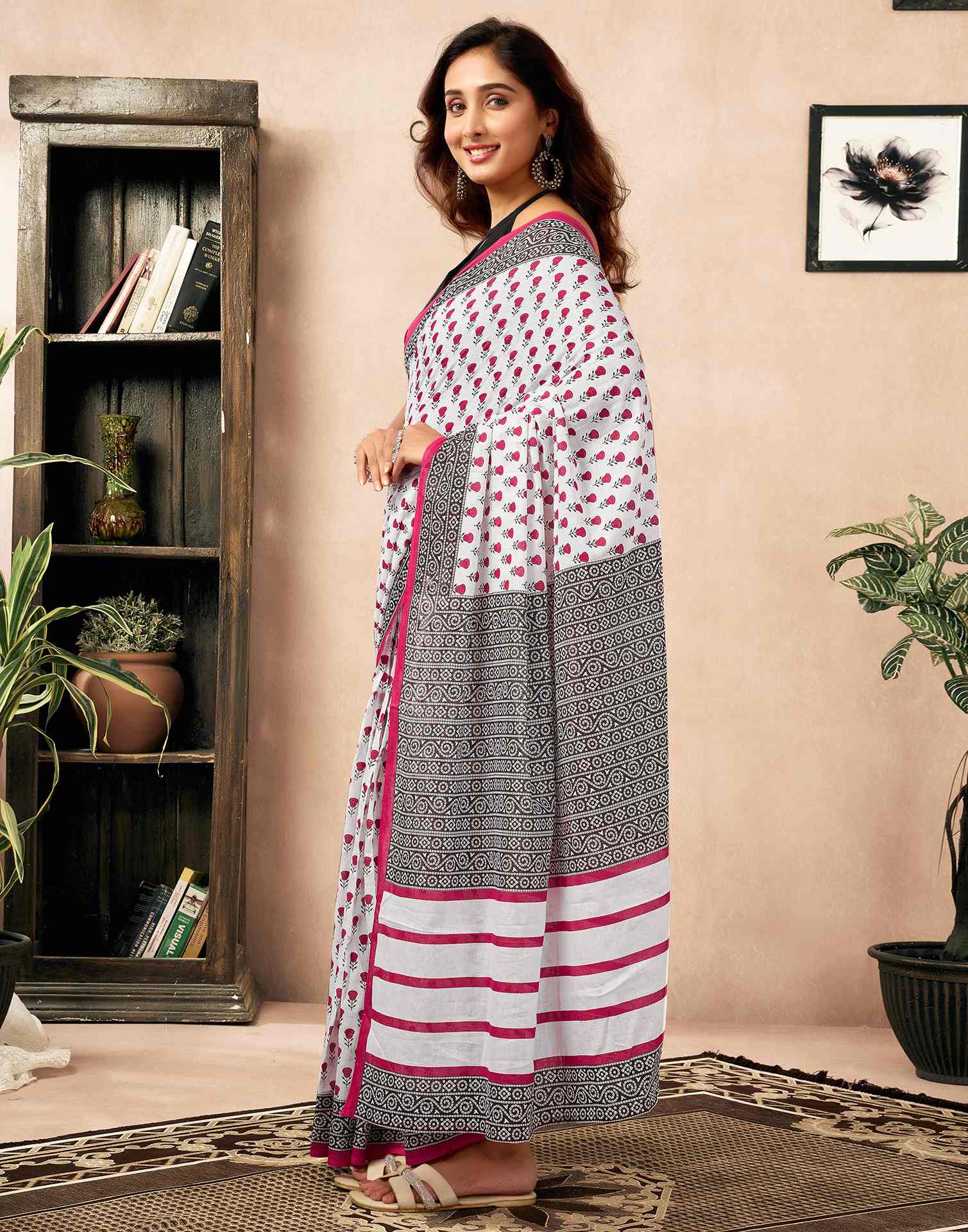 Ready To Wear White Cotton Printed Saree