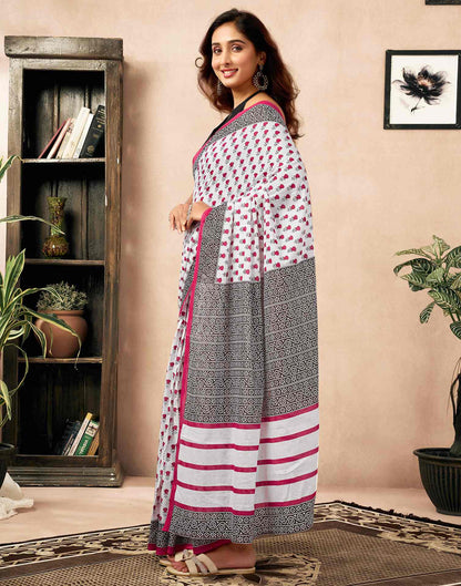 Ready To Wear White Cotton Printed Saree