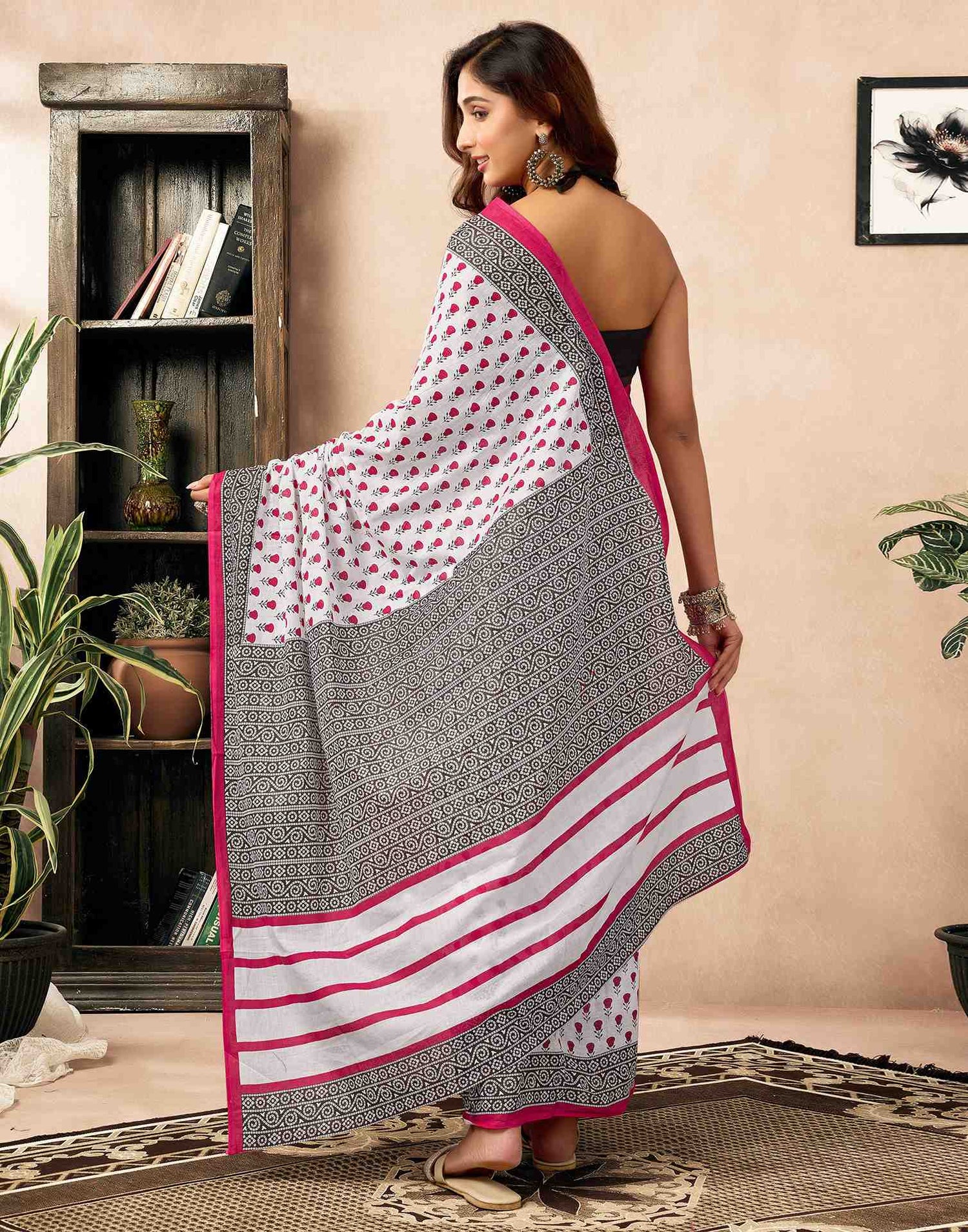 Ready To Wear White Cotton Printed Saree
