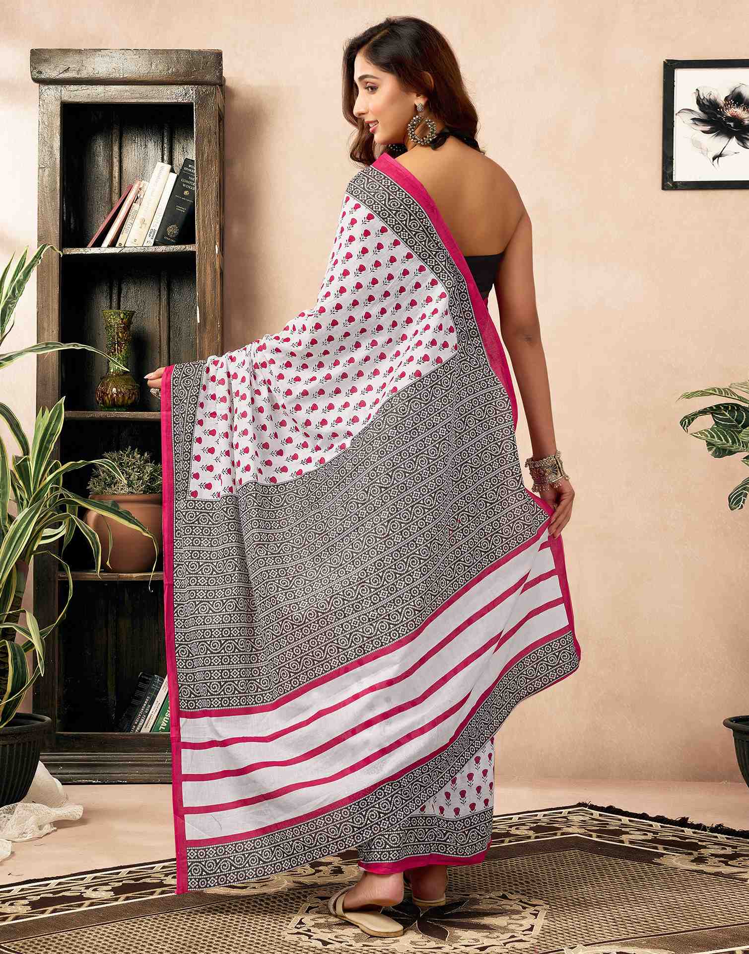 Ready To Wear White Cotton Printed Saree