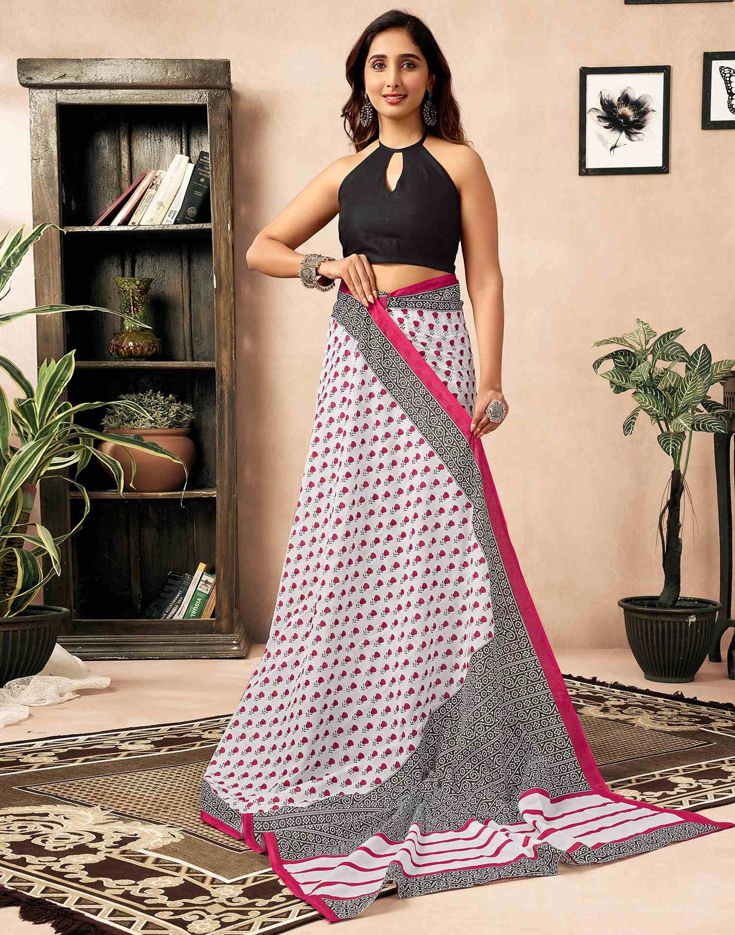 Ready To Wear White Cotton Printed Saree