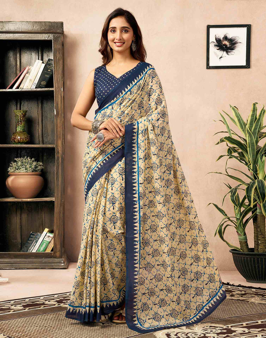 Ready To Wear Cream Cotton Printed Saree With Pocket