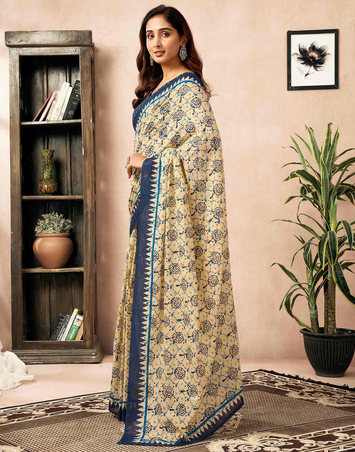 Ready To Wear Cream Cotton Printed Saree With Pocket
