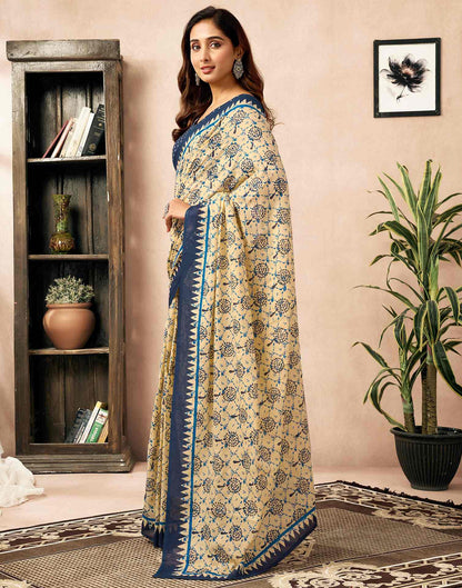 Ready To Wear Cream Cotton Printed Saree With Pocket