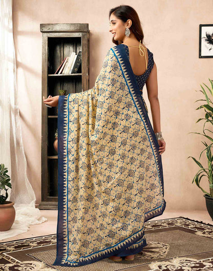 Ready To Wear Cream Cotton Printed Saree With Pocket