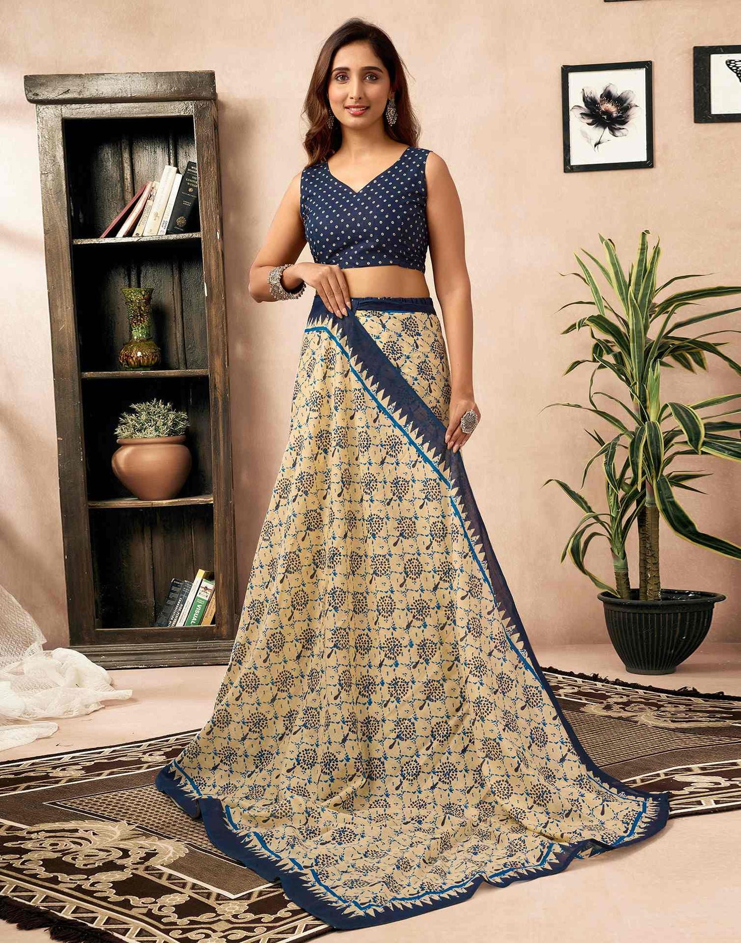 Ready To Wear Cream Cotton Printed Saree With Pocket