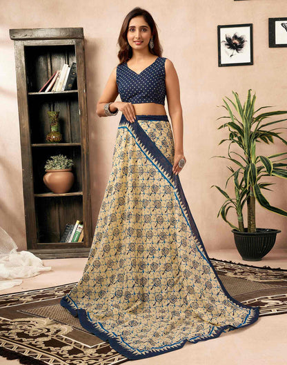 Ready To Wear Cream Cotton Printed Saree With Pocket