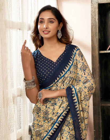 Ready To Wear Cream Cotton Printed Saree With Pocket