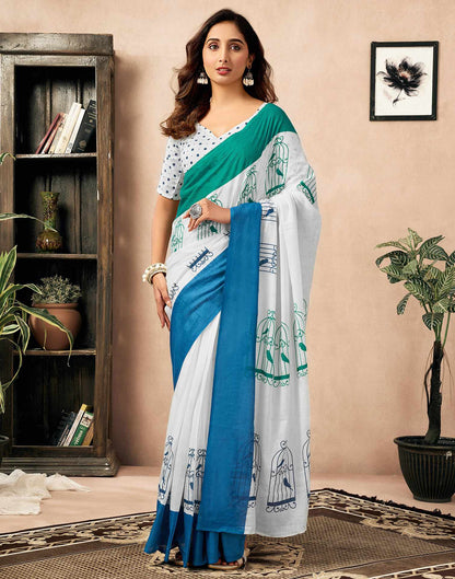 Ready To Wear Off White Cotton Printed Saree
