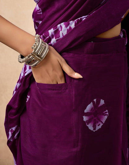 Ready To Wear Dark Purple Cotton Printed Saree With Pocket