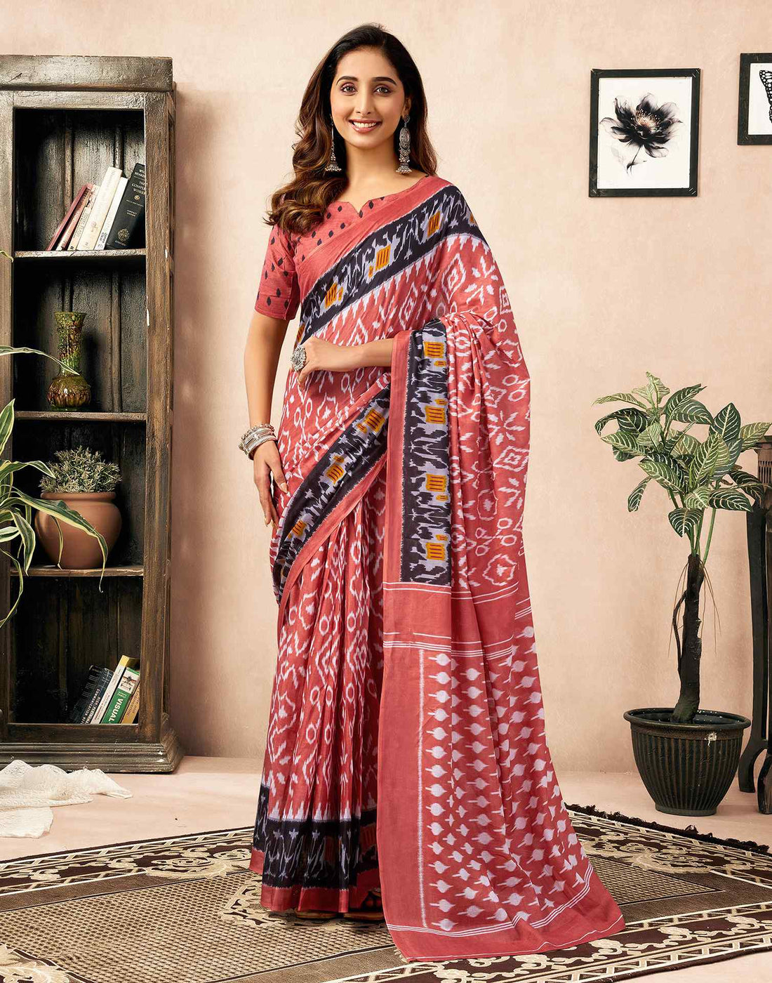 Ready To Wear Coral Orange Cotton Ikkat Printed Saree