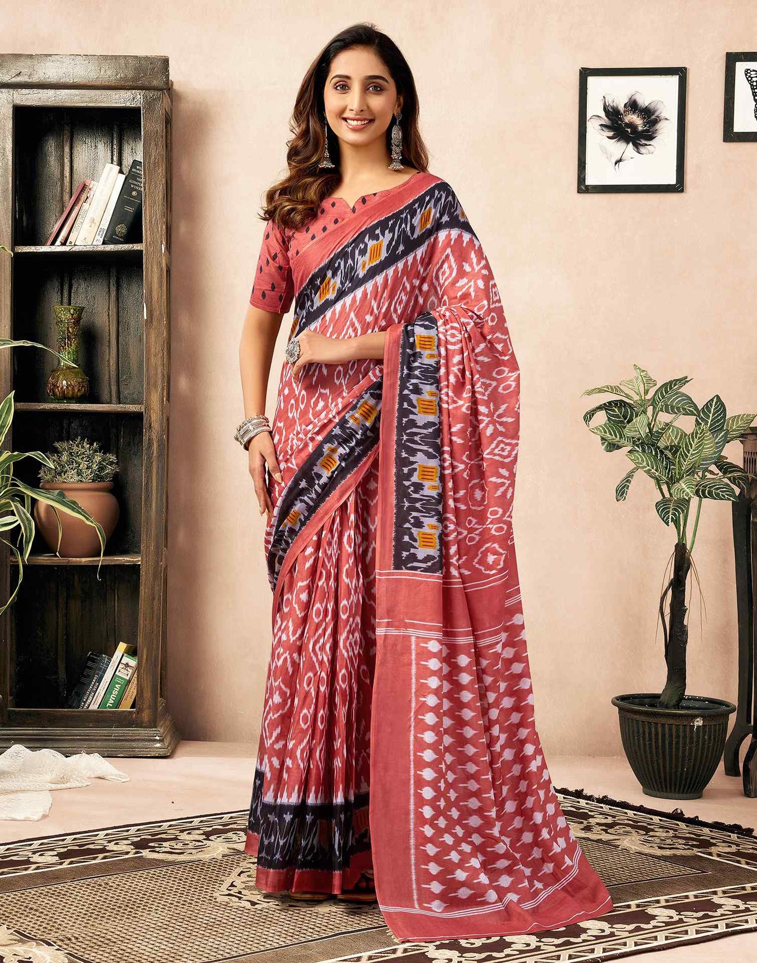Ready To Wear Coral Orange Cotton Ikkat Printed Saree