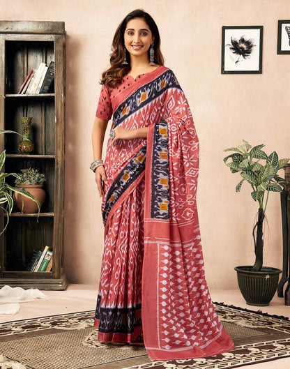 Ready To Wear Coral Orange Cotton Ikkat Printed Saree