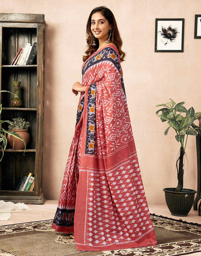 Ready To Wear Coral Orange Cotton Ikkat Printed Saree