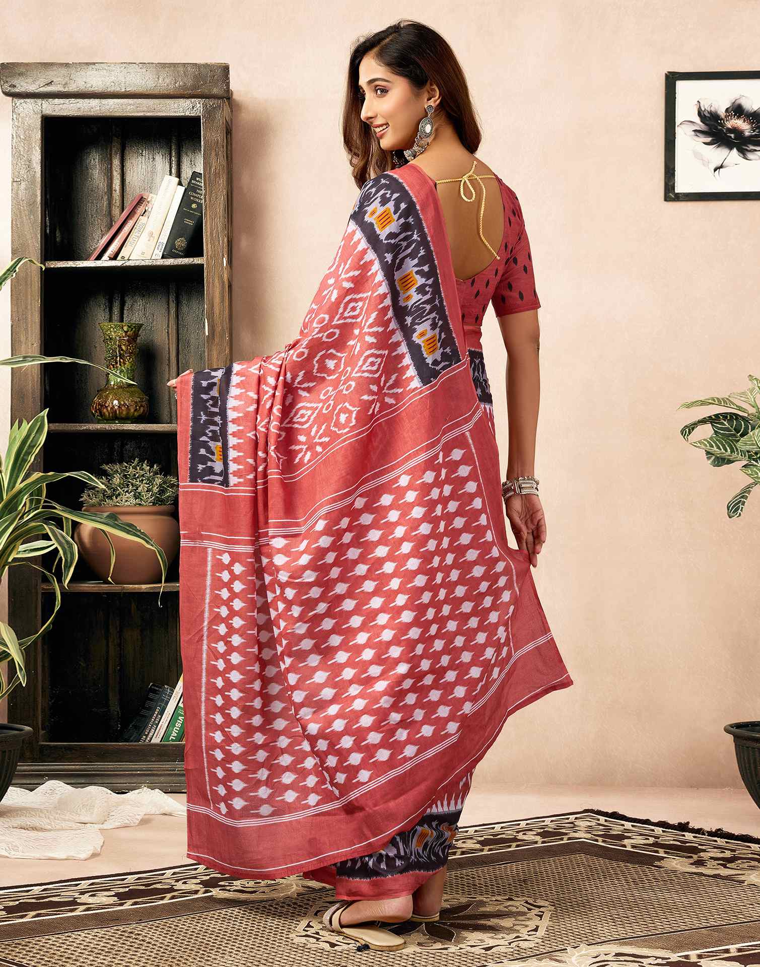 Ready To Wear Coral Orange Cotton Ikkat Printed Saree