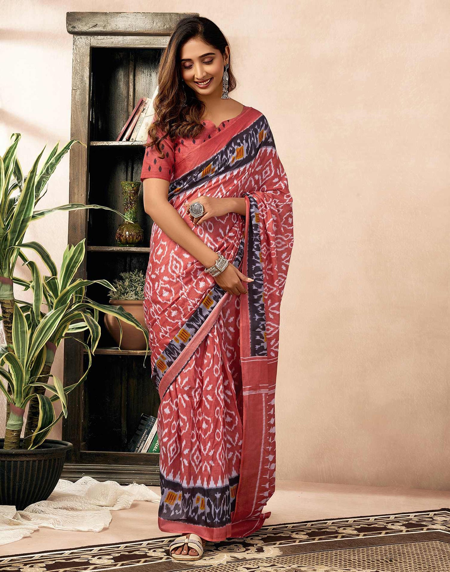 Ready To Wear Coral Orange Cotton Ikkat Printed Saree