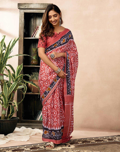 Ready To Wear Coral Orange Cotton Ikkat Printed Saree