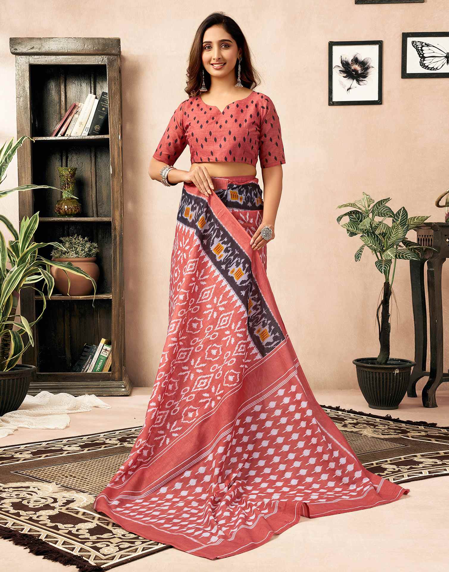 Ready To Wear Coral Orange Cotton Ikkat Printed Saree