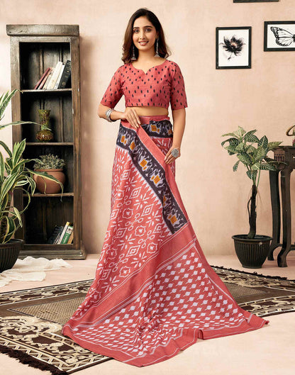 Ready To Wear Coral Orange Cotton Ikkat Printed Saree