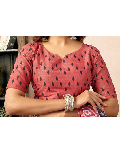 Ready To Wear Coral Orange Cotton Ikkat Printed Saree