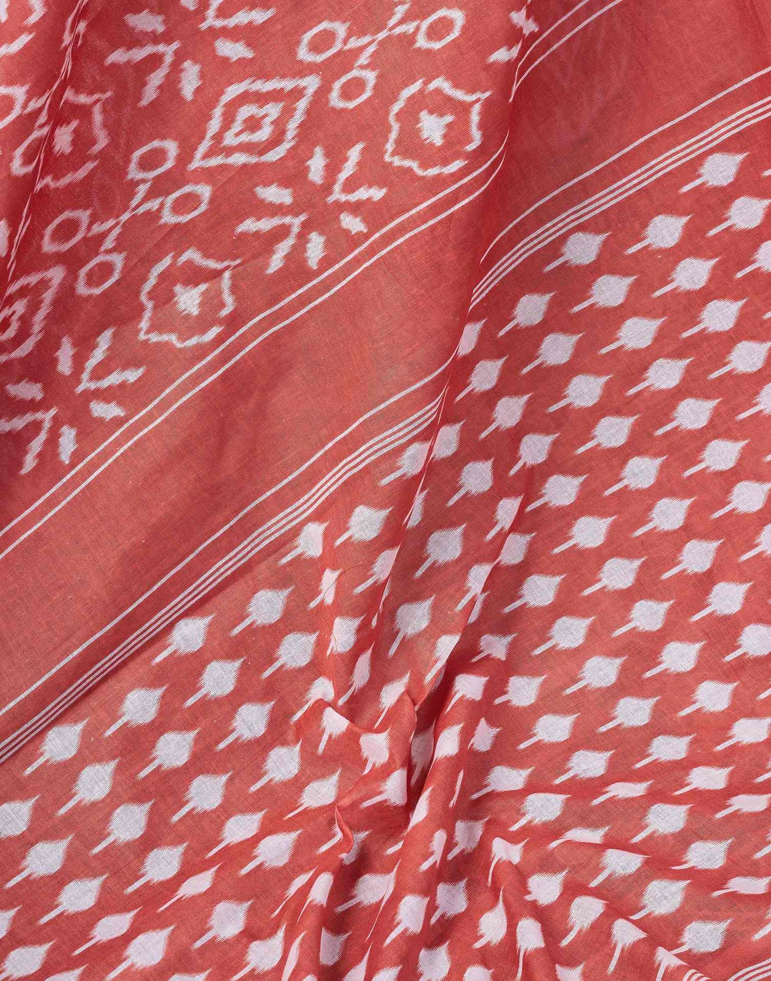 Ready To Wear Coral Orange Cotton Ikkat Printed Saree